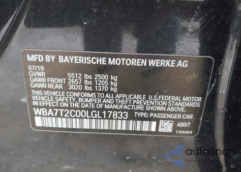 2020 BMW 740I from USA, damaged, VIN WBA7T2C00LGL17833